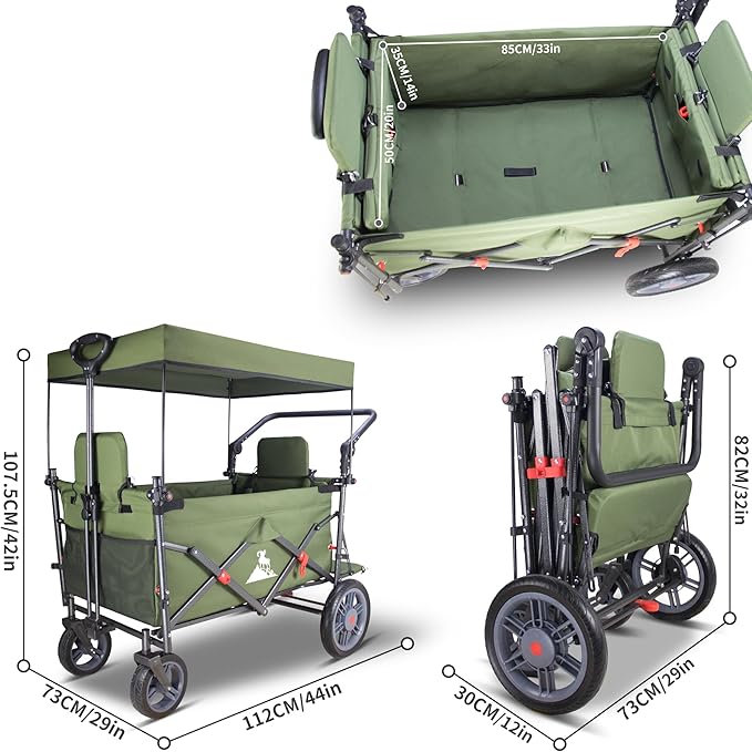 Collapsible Foldable Wagon Cart with Quick-Release Wheels & 2 Seats - Heavy-Duty Utility Folding Wagon 265LBS Capacity for Camping, Garden, Shopping (Green)