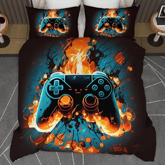 Video Game Twin Size Comforter Set for Boys Kids Teens Gamepad Gaming Controller and Fire Pattern Bedding Set- 3 Piece Quilt with 2 Pillowcases (68"x90")