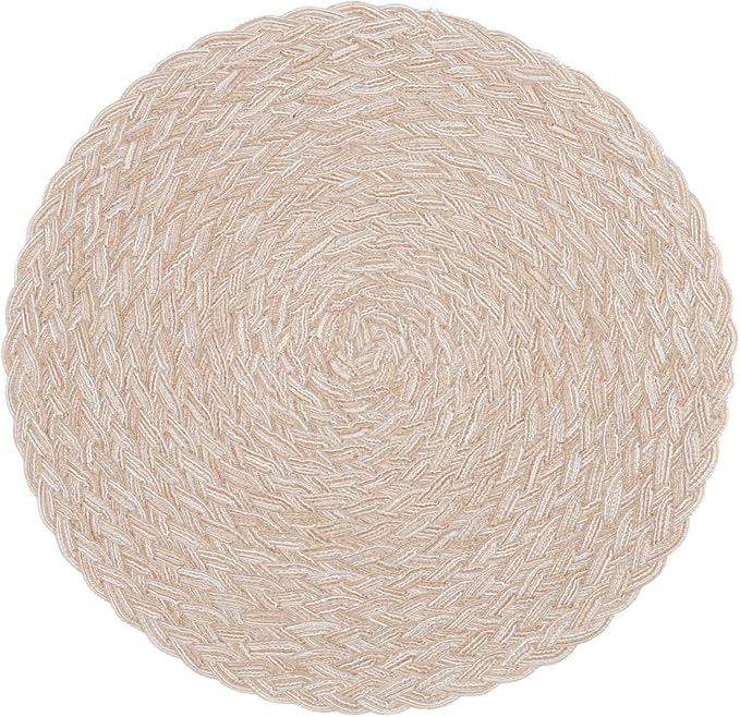 SHACOS Round Braided Placemats 15 inch Set of 4 Boho Woven Washable Kitchen Table Placemats for Home Wedding Party (T-Beige, 4)