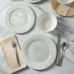 Martha Stewart Maiden Crown 12-Piece Sage Green Dinnerware Set – Vegan Bone China Ceramic Plates & Bowls – Floral Design – Service for 4 – Microwave & Dishwasher Safe