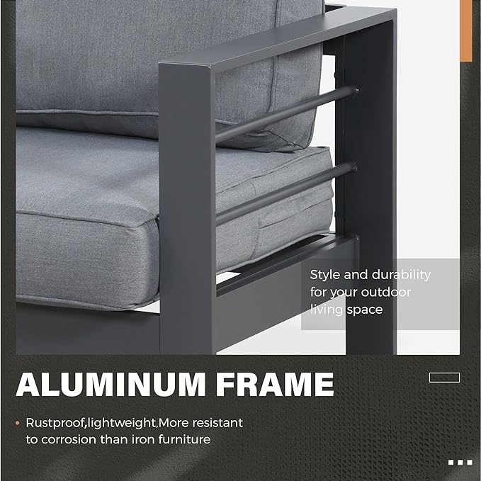 Solaste Aluminum Patio Furniture Set, 4 Pcs Modern Outdoor Conversation Set Sectional Sofa with Upgrade Cushion and Coffee Table,Grey