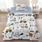 4-Pcs Construction Twin Size Boys Bedding Set, Kids Comforter Set for Teens w/Sheets and Pillowcase, Soft Cartoon Tractor Cars Bed in a Bag Sets