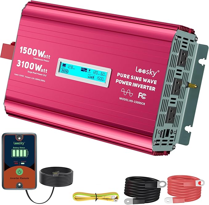 1500 Watt Pure Sine Wave Inverter 12V to 110V 120V AC 3100W Surge Peak Power for 2 Seconds Remote Control PD36W USB-C Compatible with Lithium Battery Starlink for Off-Grid Solar RV Car Home LEESKY