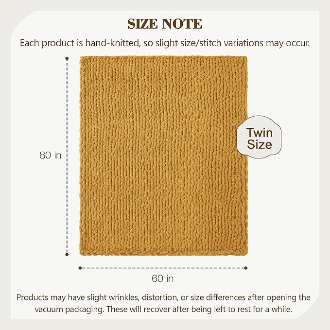 Carriediosa Chunky Knit Throw Blanket 60" X 80" Twin, 100% Hand Made Large Chenille Loop Yarn Soft Fluffy Throws for Couch Sofa Bed, Big Crochet Cozy Heavy Thick Cable Woven Blanket, Yellow
