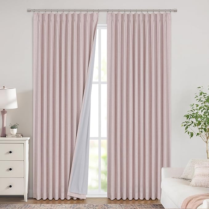 Vision Home Soft Pink Pinch Pleated Full Blackout Curtains Linen Blended Room Darkening Window Curtains 63 inch for Living Room Bedroom Thermal Insulated Pinch Pleat Drapes with Hooks 60" Wx63 Lx1