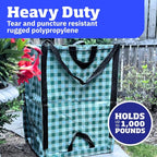 DURASACK Heavy Duty Home and Yard Bags 48-Gallon Reusable Self-Standing Lawn and Leaf Bags Garbage Can with Reinforced Handles, Gingham Green, 3 Pack