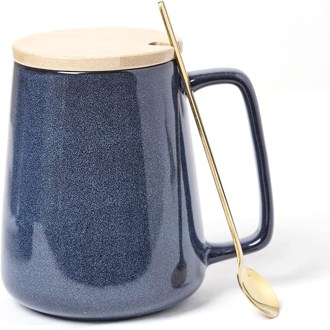 Large Ceramics Coffee Mugs,24 OZ,With Spoon And Wooden Lid,For Coffee,Tea,Cocoa,Large Handle Design,Microwave And Dishwasher Safe(Color:24 oz blue set)