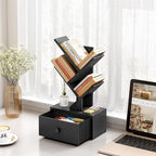 4 Tier Tree Bookshelf with Drawer, Small Tree Bookcase, Modern Table Top Book Shelf Organizer Shelves for Living Room, Bedroom, Home Office, Black