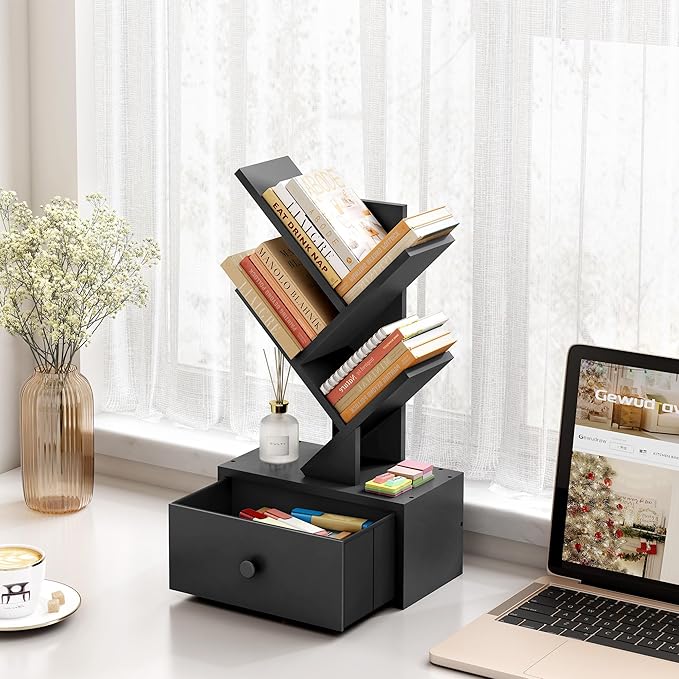 4 Tier Tree Bookshelf with Drawer, Small Tree Bookcase, Modern Table Top Book Shelf Organizer Shelves for Living Room, Bedroom, Home Office, Black