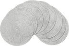 SHACOS Christmas Glitter Silver Placemats Set of 8 Sparkle Bling 15 inch Round Braided Table Mats Washable Place Mats for Dining Table Home Table Decor (Silver, 8)