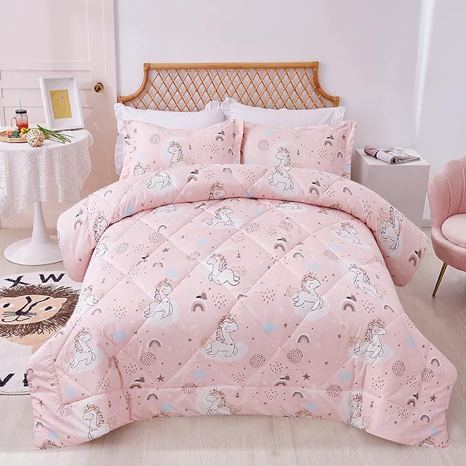 JSD Pink Unicorn Kids Comforter Set for Girls, 2 Pieces Twin Microfiber Comforter with Pillow Sham, Soft Comfortable Machine Washable