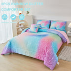PERFEMET Full Size Comforter Sets for Kids Girls 6 Pieces Pink Green Ombre Rainbow Bedding Set Colorful Tie Dye Glitter Teen Girls Bed in A Bag