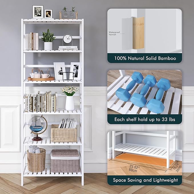 Bookshelf, 6-Tier Tall Bookcase Freestanding Bamboo Book Shelf Bathroom Storage Organizer with Adjustable Shelves, White