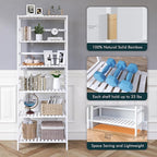 Bookshelf, 6-Tier Tall Bookcase Freestanding Bamboo Book Shelf Bathroom Storage Organizer with Adjustable Shelves, White