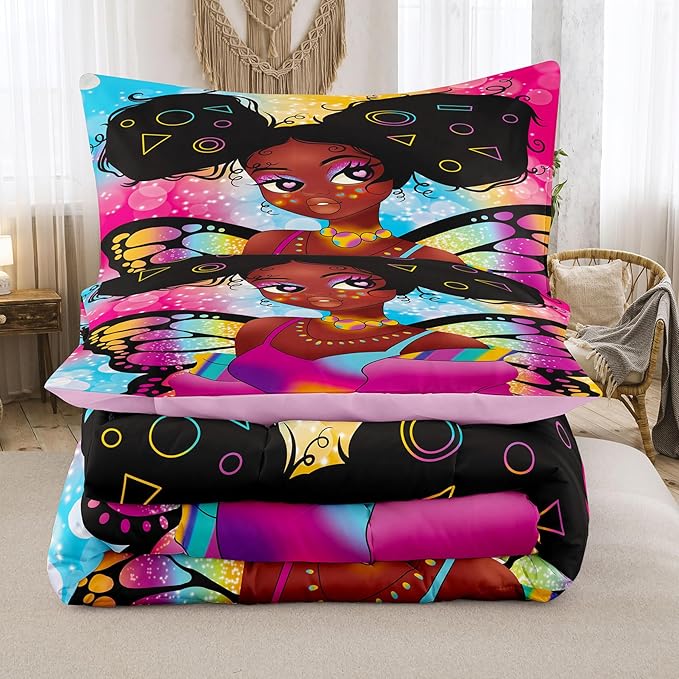Tailor Shop Fantasy Black Girl Comforter Set Rainbow Butterfly Full Size Bedding Sets for Girls Kids Kawaii Magic African American Black Girl Bedding Set with 2 Pillowcase Girls Room Decor