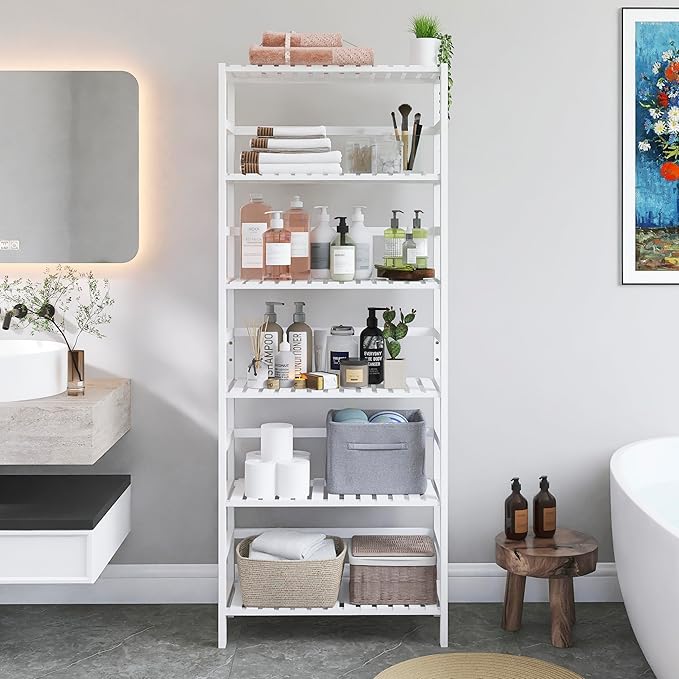 Bookshelf, 6-Tier Tall Bookcase Freestanding Bamboo Book Shelf Bathroom Storage Organizer with Adjustable Shelves, White