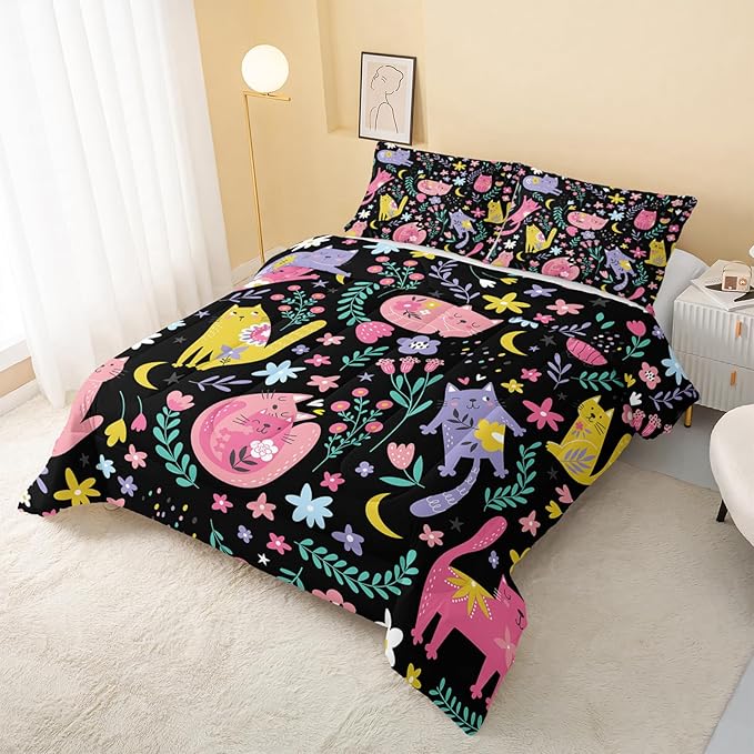 Floral Cat Comforter Twin Size,Black Cats Comforter Set for Kids Teens Girls,3Pcs Bedding Set Printed Comforter with 2 Pillowcases,Down Alternative,Soft and Lightweight(Black，Twin Size)