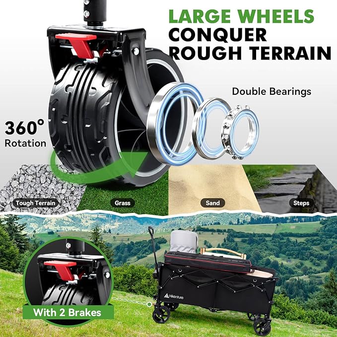 Hikenture Extended Collapsible Wagon, 500 LBS Wagons Carts Foldable, Heavy Duty Beach Wagon with Big Wheels for Sand, 300L Large Capacity Foldable Wagons, Utility Grocery Cart for Garden, Sports