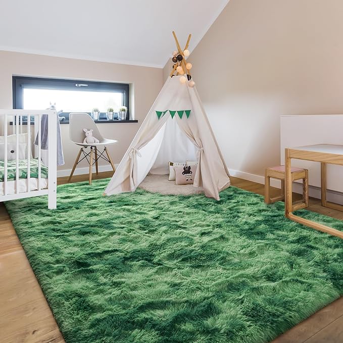 6x9 Large Area Rugs for Living Room, Super Soft Fluffy Modern Bedroom Rug, Tie-Dyed Green Indoor Shag Fuzzy Carpets for Girls Kids Nursery Room Home Decor