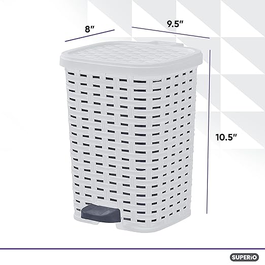 Superio Small Outdoor Trash Can with Lid for Dog Poop 1.5 Gallon/6 L Mini Plastic Garbage Can with Foot Pedal for Bathroom, Bedroom, Office, Patio, Wicker Smoke
