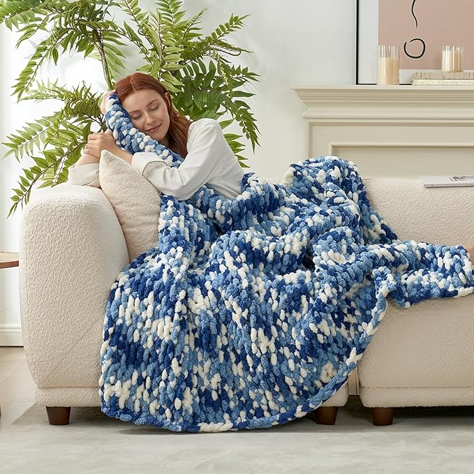 Amélie Home Chunky Knit Throw Blanket for Couch, Soft Chenille Crochet Blanket for Sofa, 50"x60", Space-Dyed Blue