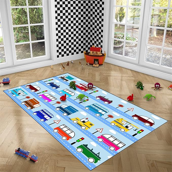 Car Rug Car Play Mat Kids Rugs for Playroom Car Rug Play Mat Rugs for Boys Bedroom Car Carpet for Kids Play Rug for Cars and Trucks Car Rug for Boys Room,Light Blue 4'5''×6'