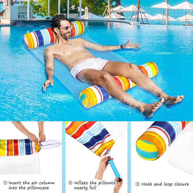 FindUWill 2 Pack Fabric Water Swimming Pool Floats Hammock, XL, Inflatable Multi-Purpose Water Hammocks Floaties (Saddle, Lounge Chair, Hammock, Drifter), Pool Float Lounger for Adults Vacation