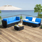 Outvita OutdoorRattan Conversation Set, 7 Pieces PE Rattan Sofa Wicker Patio Furniture Sets with Waterproof Soft Cushion for Backyard Porch Garden Poolside (Black & Blue)