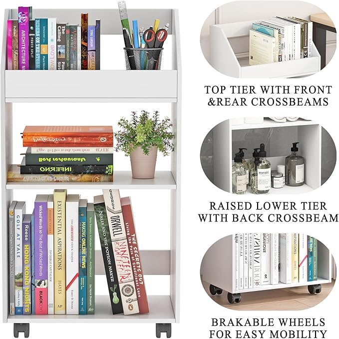 3-Tier Mobile Bookshelf, White Bookcase with Wheels, Rolling File Holder Desk File Book Organizer for Home Office Living Room School