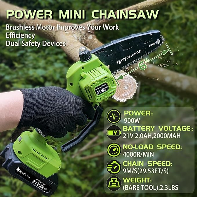 Mini Chainsaw 6inch, Chainsaw Cordless w Automatic Oiler, Handheld Electric Power Chain Saw w Security Lock, Brushless Motor,Chainsaws for Wood/Trees Trimming (Green - 1 battery, 6 INCH)