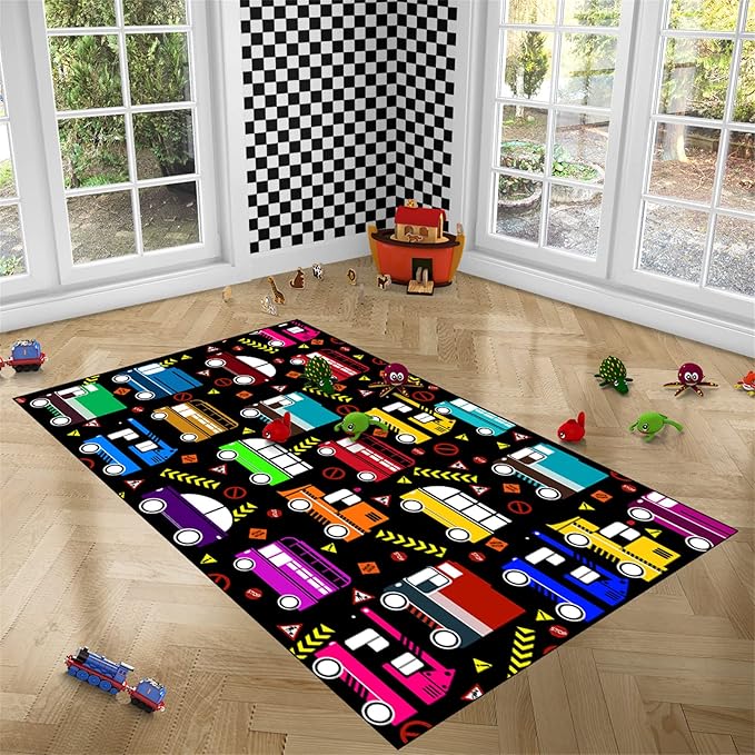 Car Play Mat Kids Rugs for Playroom Car Track Rug Kids Mat Construction Play Mat Car Play Rug Car Carpet for Kids Carpet for Bedroom Truck Rugs for Boys Room,Black 2'5''×4'