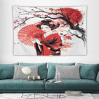 Japanese Red Geisha Tapestry Asian Cherry Blossom Traditional Kimono Folk Tapestries Home Decor for Living Room Bedroom Apartment Farmhouse Dorm 90"x60"