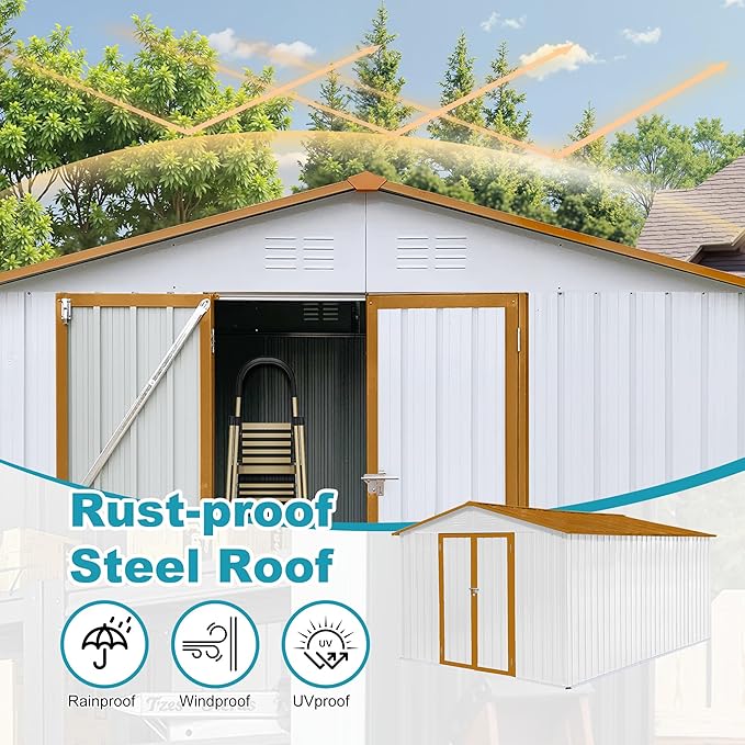 Sheds & Outdoor Storage 12 ft × 10 ft Storage Shed Large Classic Apex Roof Metal Garden Storage Sheds with Hinged Door Tool Cabinet for Backyard, Patio, Poolside, White + Yellow