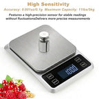Kitchen Digital Scale, 0.1 g/0.001 oz High Precision Electronic Scale, Max 5 kg/11 lbs, Multiple Unit Conversion, Auto Power-Off/Tare/Counting Function, Stainless Steel Weighing Platform (Silver)