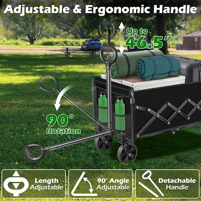 Collapsible Wagons Carts Foldable Wagon, Foldable Wagon Cart with Wheels, Folding Wagons for Beach Camp Sports Garden, 2 Cup Holders/Lightweight Portable/Black/360 LBS