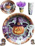 Halloween Paper Plates,Cups,Forks(96Pcs)-Disposable Party Plates Heavy Duty,Party Supplies Tableware Set|Paper Plates 9 inch & 7 inch,Spooky Decor(Flying Pumpkin,Ghost,Zombie,Bat) for Kids Halloween