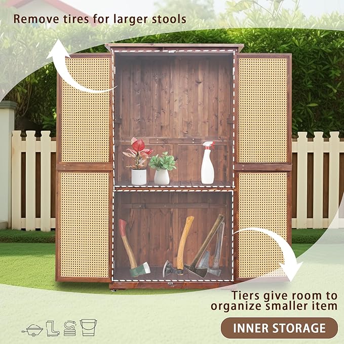 60 Inches Outdoor Storage Shed, Wood Shed with Rattan Indoor Storage Cabinet with Floor, Adjustable Shelves for Patio, Garden,Lawn and Living Room, Carbonized Black
