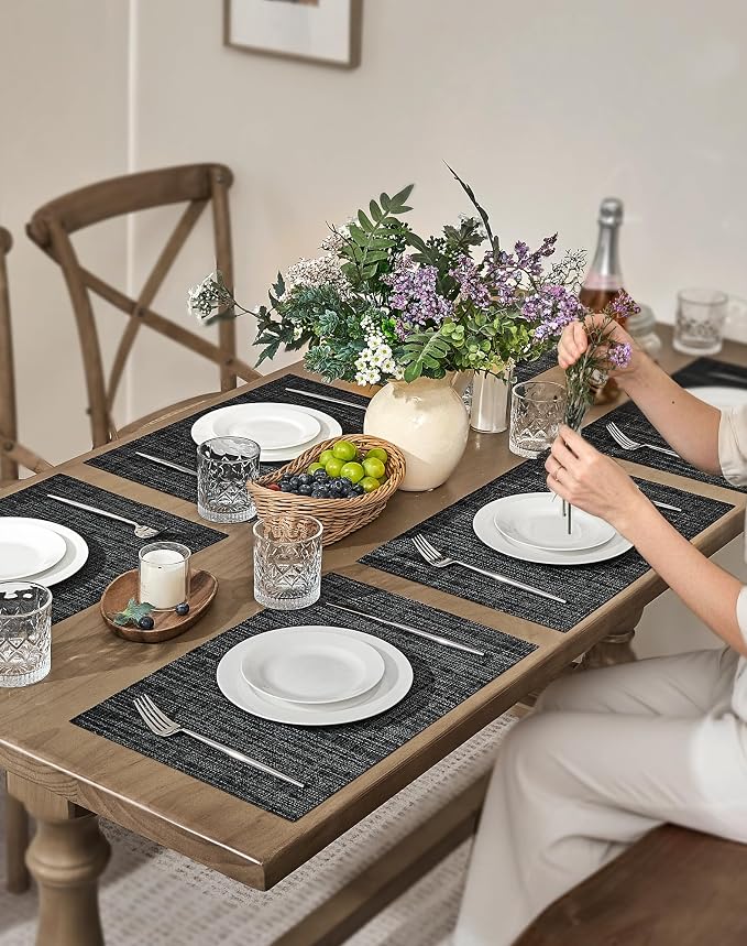Leetaltree Black and Grey Woven Placemats Set of 4 - Heat Resistant Non-Slip Place mats for Dining Table, Washable Durable PVC Vinyl Woven Table Mats(Black & Grey, 4)