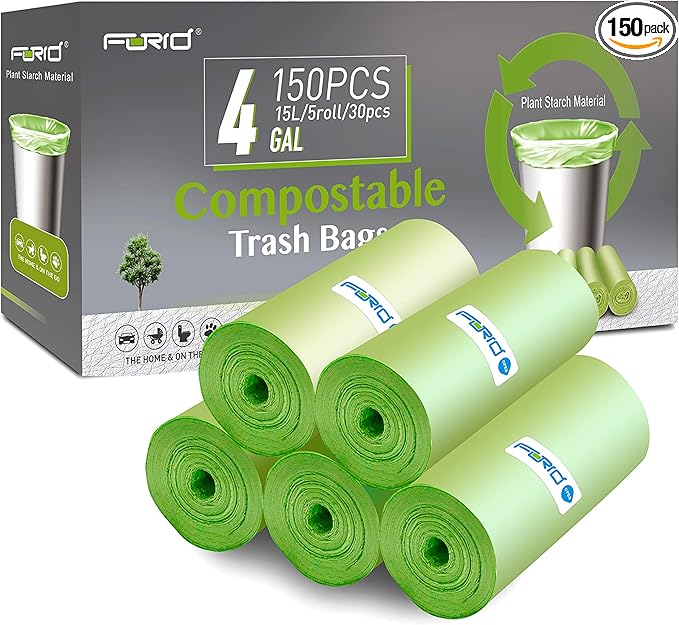 FORID 4 Gallon Garbage Bags, 150 Count, Unscented, Strong Trash Can Liners, 15 Liter Wastebasket Bags for Kitchen, Bathroom, Home Office, Green