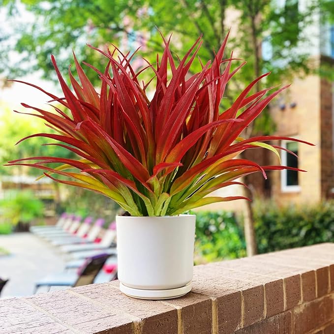 32Pcs Artificial Grass Fake Plants 17.3in Outdoor Plants UV Resistant Greenery Stems Fake Grass for Home Window Garden Office Patio Pathway Front Porch Décor Light Green & Red