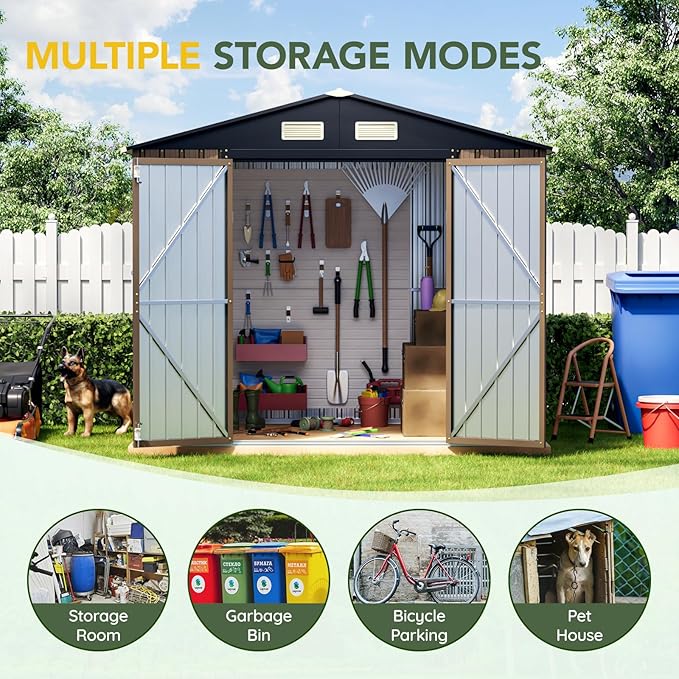 Breezz 8X6FT Outdoor Steel Storage Shed with Frame Floor,Clear Window, Lockable Doors, Weather-Resistant Metal Tool Shed for Garden, Backyard, Patio, and Utility Storage Brown