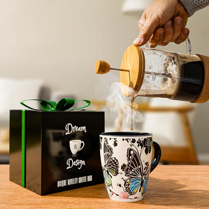 Color Changing Butterfly Coffee Mug 12OZ - Ceramic Heat Sensitive Cup Hot Cocoa Tea Milk Mugs Hot Drinks and beverages Unique Beautiful Holiday Christmas gift Idea for Nature lovers women mom grandma