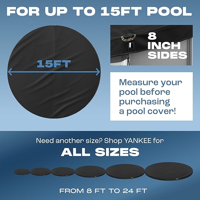 Yankee Diamond Series Pool Covers for Above Ground Pools | All-Weather, Windproof, Light 15ft Round Pool Cover w/ 5 Screw-In Pegs, 5 Ropes | 3 Mounting Methods, Strong Fastenings for Triple Protection