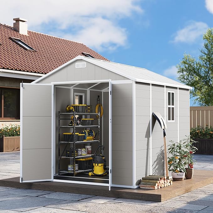 UDPATIO Resin Storage Shed 8 x 8 FT, Outdoor Garden Sheds with Floor Plastic Patio Outdoor Storage Shed with Lockable Door, Sandstone