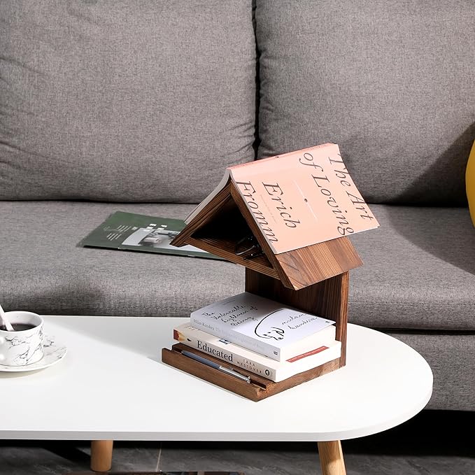 Floating Bedside Wood Bookshelf, Triangle Book Page Holder, Wooden Simple Bookcase for Bedroom Nightstand Library Office or Wall Decor Storage (Brown