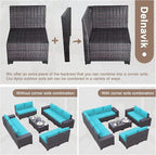 Patio Furniture Set Sofa 12-Pieces Wicker Sectional Sofa Set, Outdoor Furniture Rattan Patio Conversation Set with Thickened Cushions and Glass Coffee Table, Blue