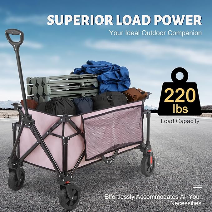 Collapsible Folding Wagon Cart, 220LBS Heavy Duty Foldable Utility Garden Cart with All Terrain Wheels & Side Storage Bag, Portable Sports Wagon for Camping, Shopping, Garden. (Pink)