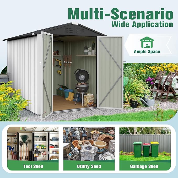 Flamaker 6x8 FT Storage Shed Waterproof Metal Garden Shed with Lockable Door Utility Tool Shed Outdoor Storage for Backyard, Patio and Lawn, White