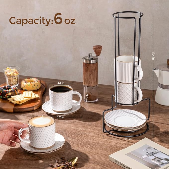 GBhome 6 OZ Stackable Coffee Mugs Set of 4, Ceramic Espresso Coffee Cups | Coffe Cups With Saucer and Stand, Dishwasher&Microwave Safe, 4 Assorted Designs