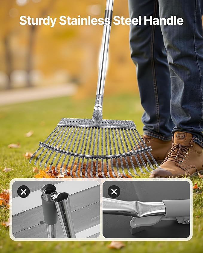 VEVOR Leaf Rake, 25 Metal Tines, Adjustable Garden Rake for Lawns with 18.3 Inch Wide Head & 36.4-72.8 Inch Long Handle, Heavy Duty Stainless Steel Small Leaves Tool for Gardening Camping Yard Grass